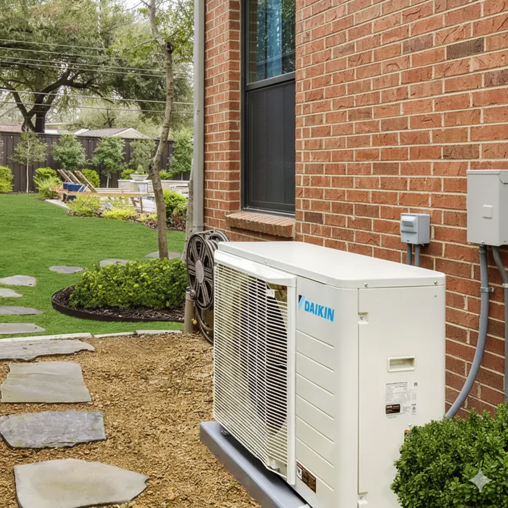 Outdoor HVAC unit next to a brick building and a pathway leading to a backyard.