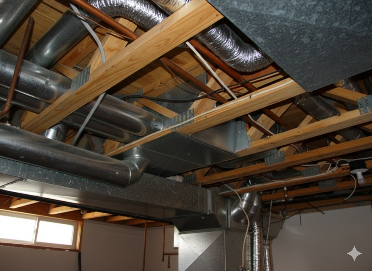 Overhead view of an unfinished ceiling with metal ductwork and wooden beams.