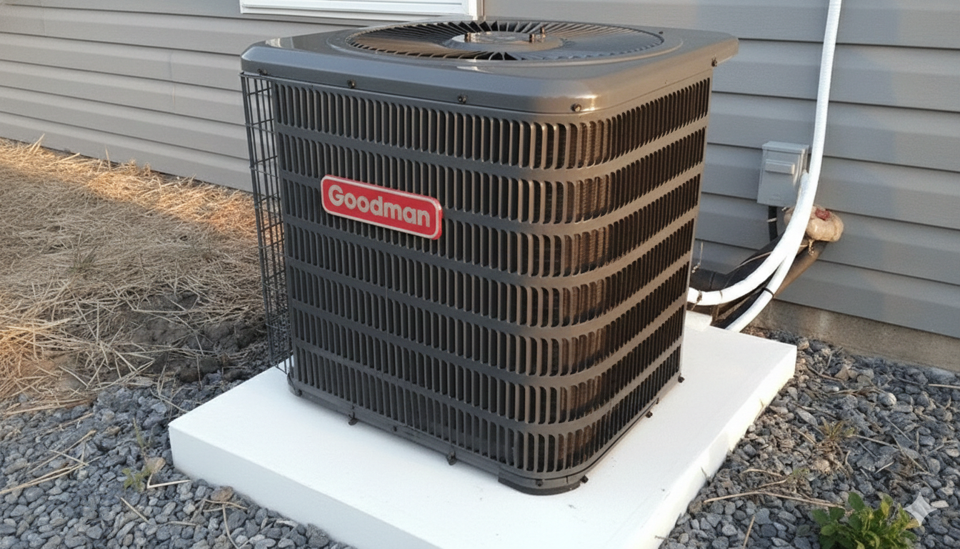Goodman air conditioning unit on a concrete pad with gravel. Gray and black.