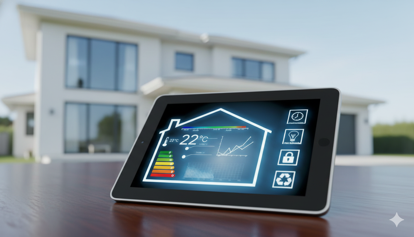 Tablet displaying smart home controls on a table in front of a modern house.