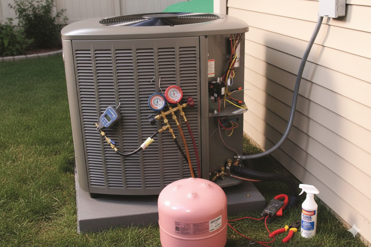 AC unit being serviced outdoors; gauges and tools connected, pink tank nearby.