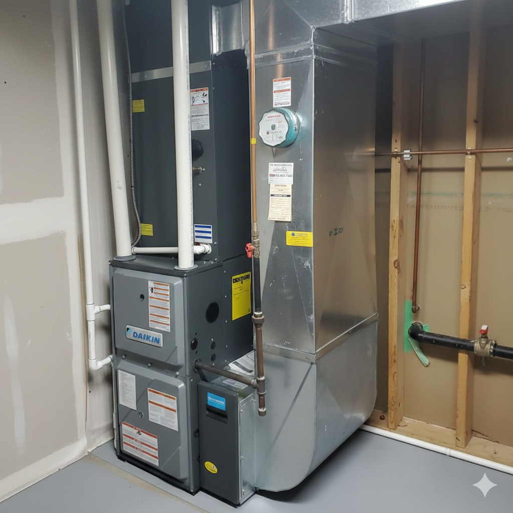 Furnace and air conditioning unit in a utility room. Gray metal and white pipes.