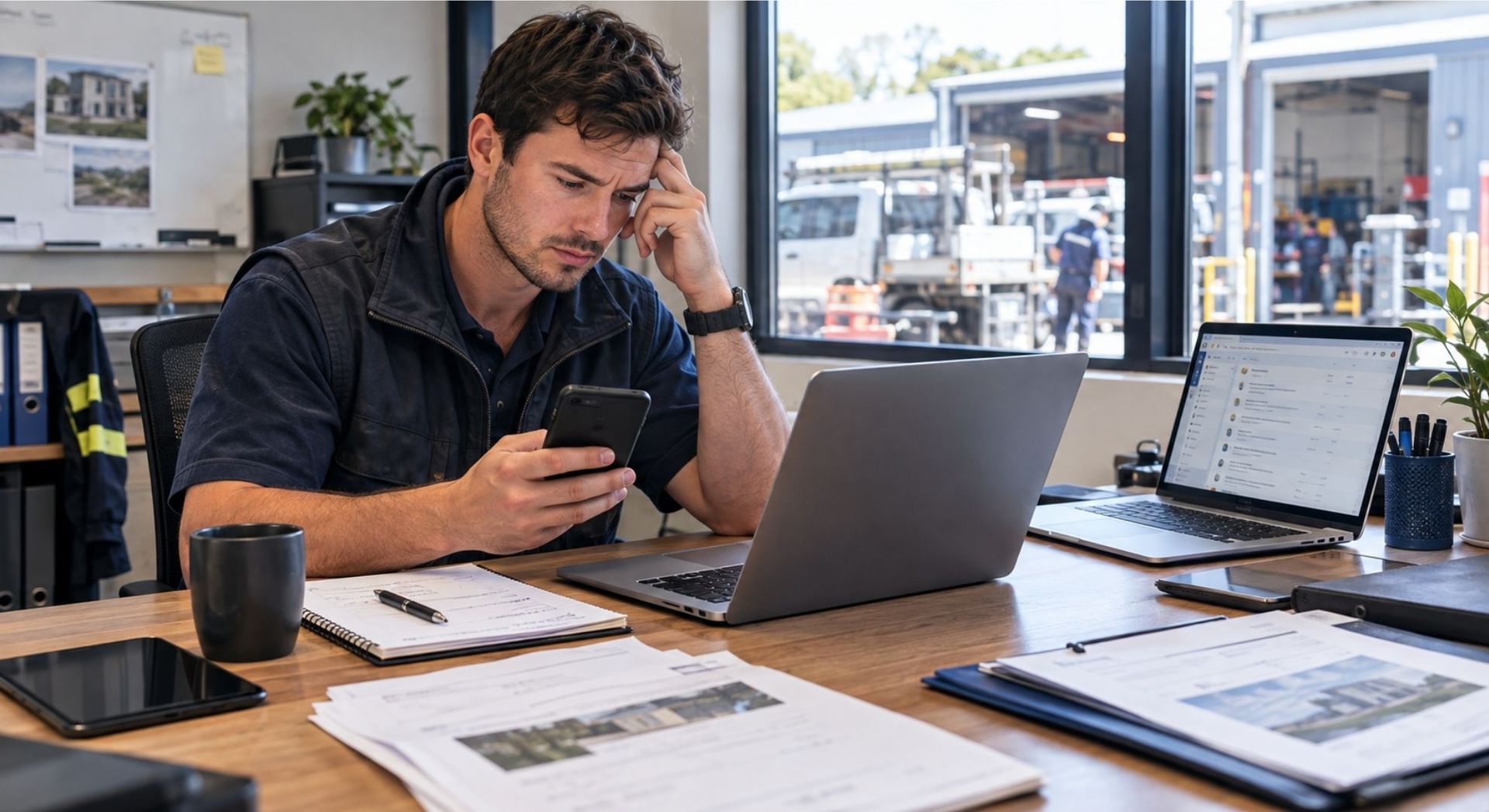 Trade business owner managing customer enquiries on a phone and laptop alongside paperwork and quotations in a busy workshop office.