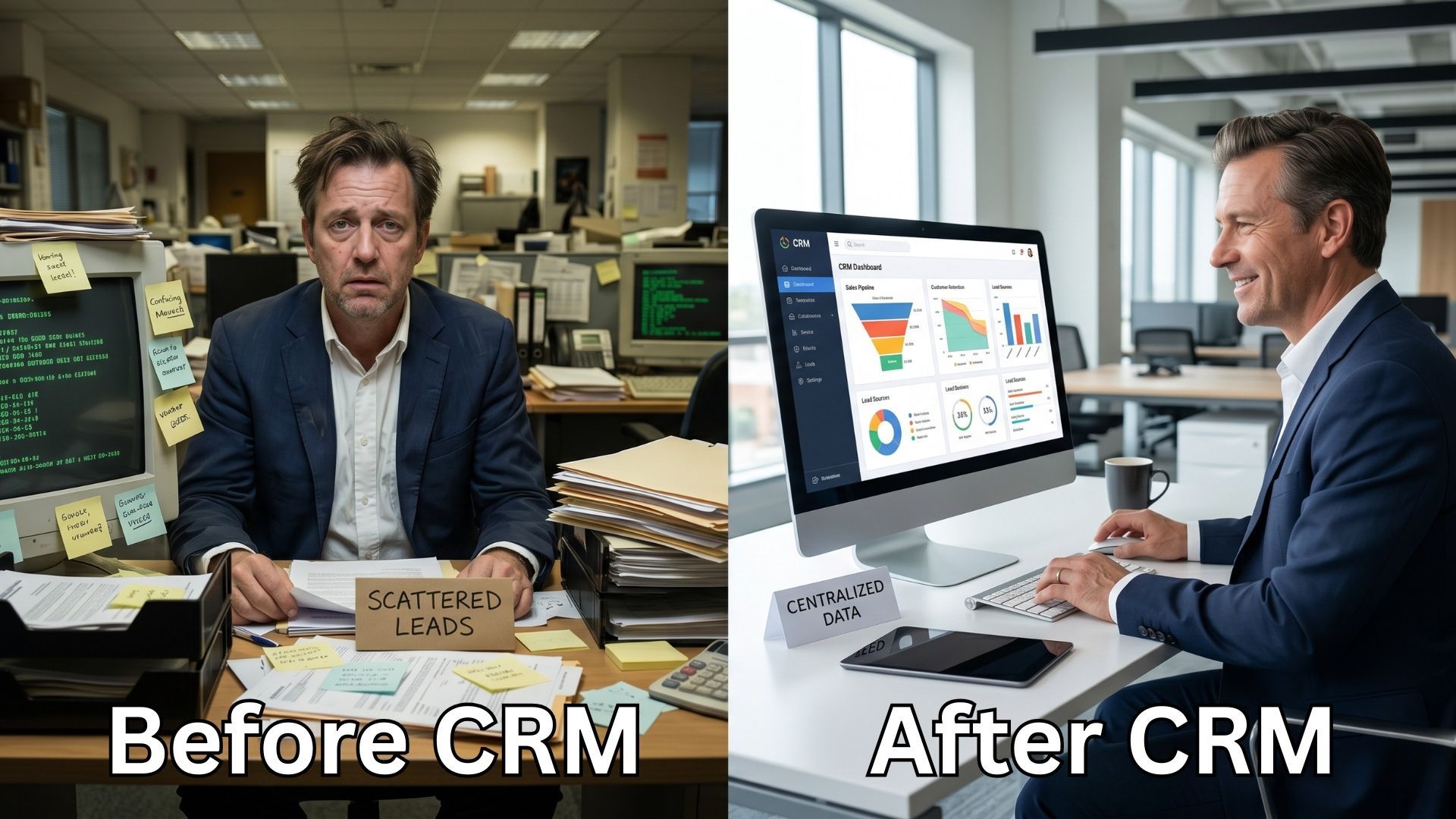 Office split-screen comparing messy desk “Before CRM” and organized workstation “After CRM”