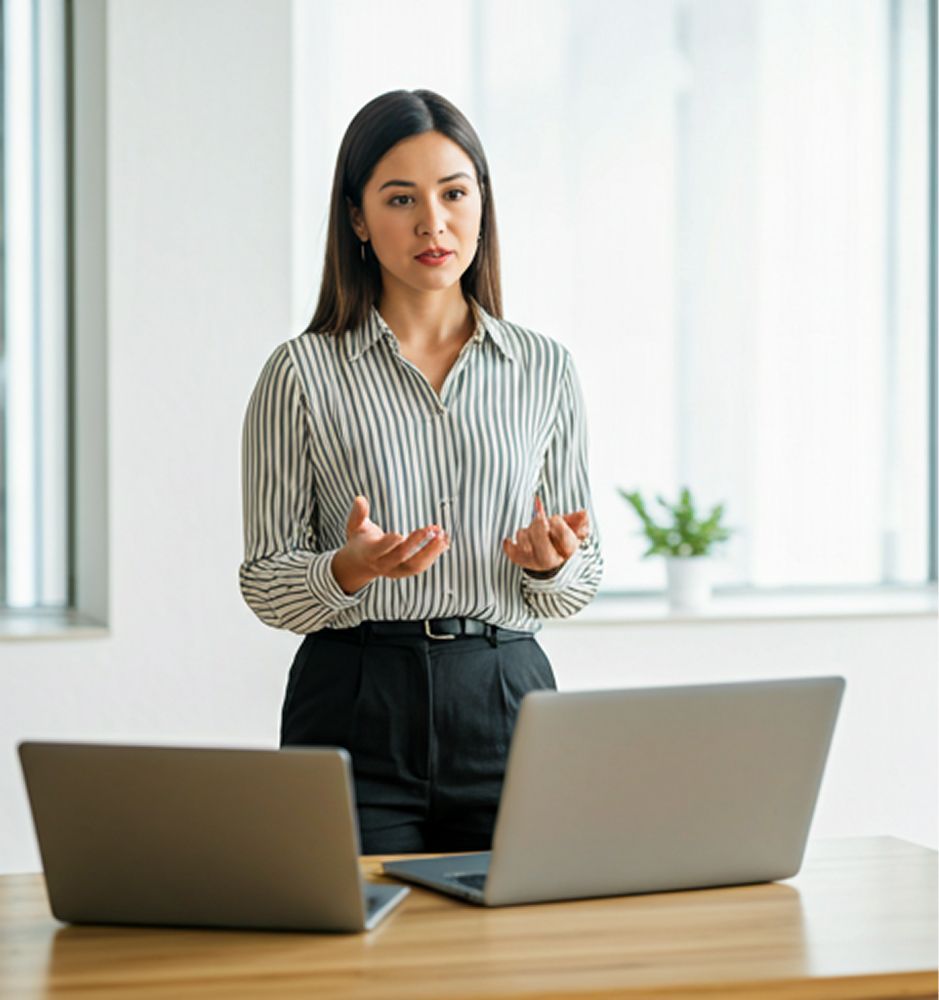 Woman presenting beside two laptops in a bright office, gesturing with hands.