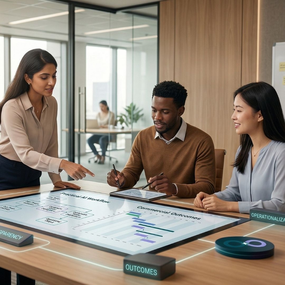 Three coworkers discuss a digital dashboard around a large touchscreen table in a modern office.