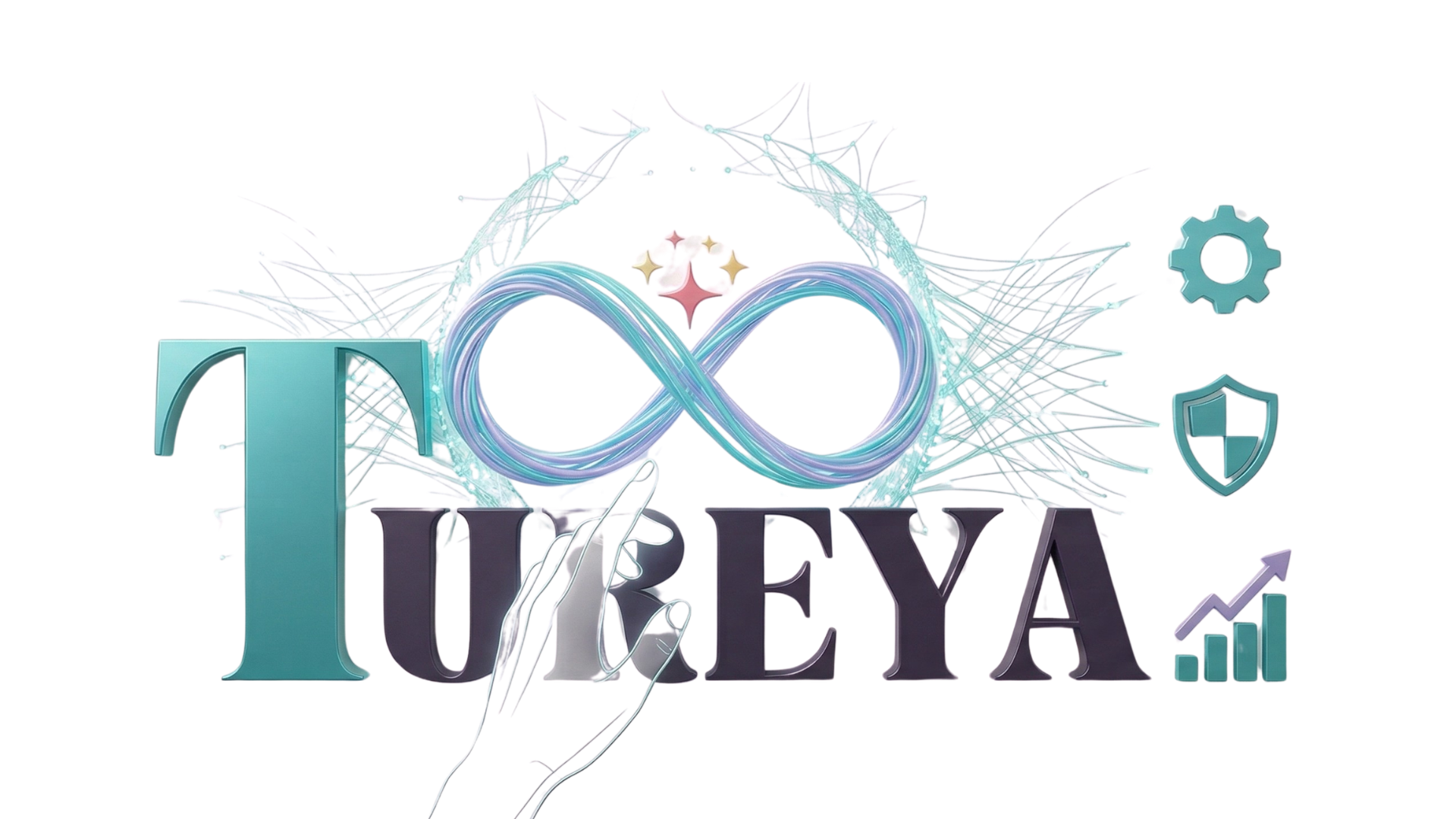 Tureya logo with teal infinity symbol and side icons for settings, security, and growth on white background