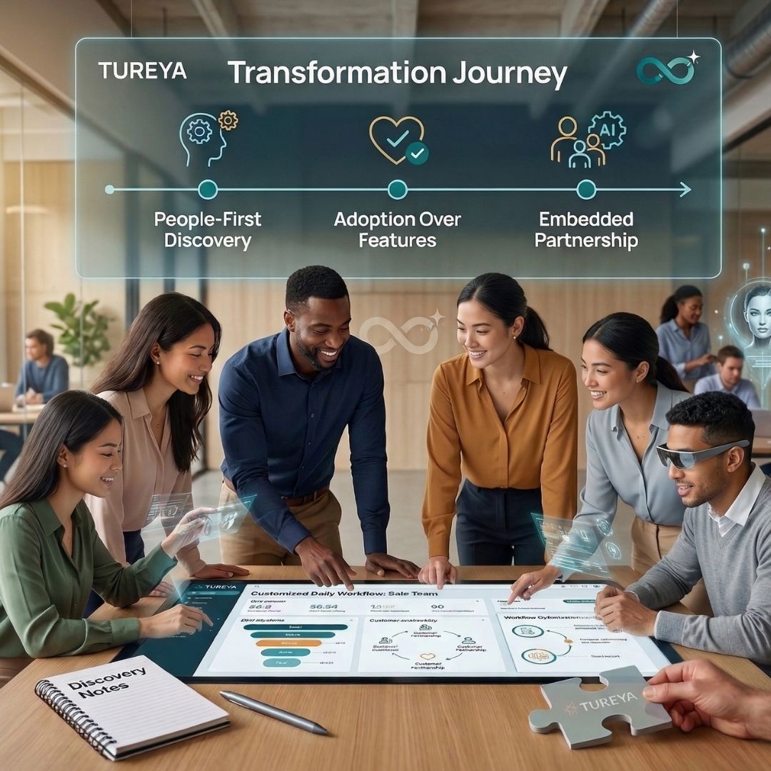 Team collaborating around a strategy board in a modern office during a transformation journey presentation.