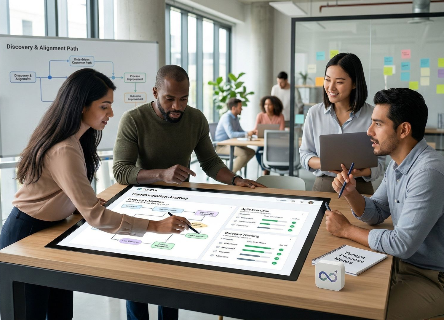 Team collaborating around a large digital table with charts and notes in a bright office