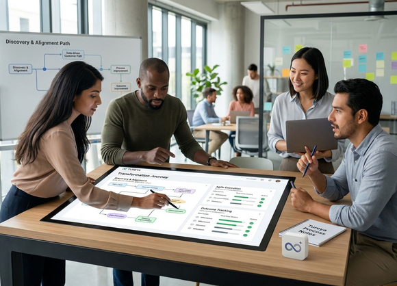 Team collaborating around a large digital table with charts and notes in a bright office