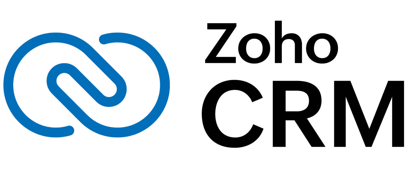 Zoho CRM logo in blue and black with interlocking chain icon