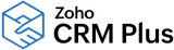 Zoho CRM Plus logo with blue hexagon icon and black text on white background
