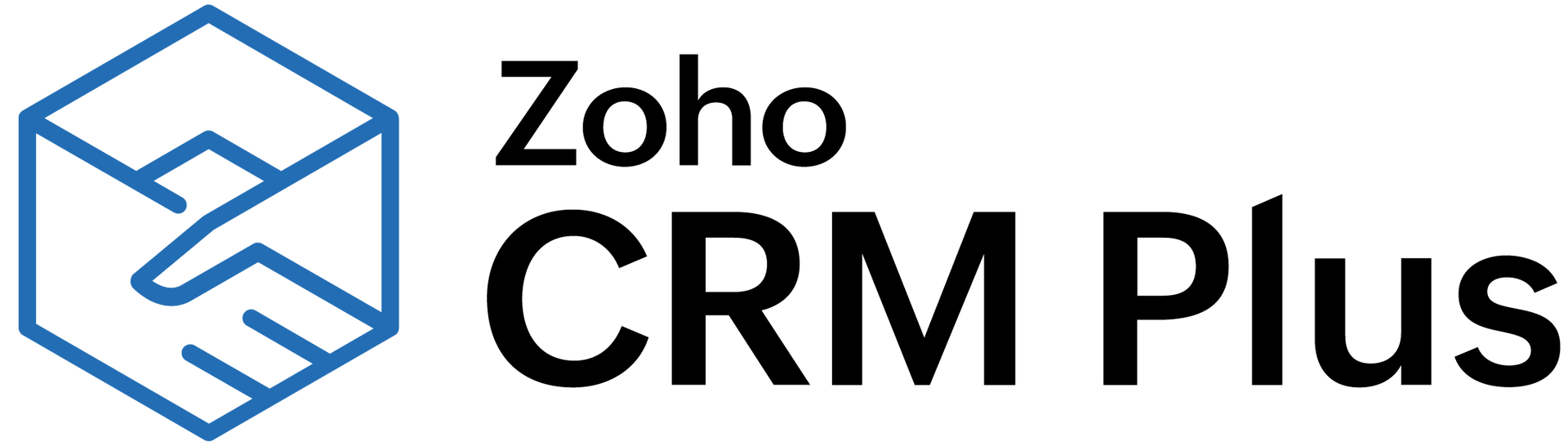 Zoho CRM Plus logo with blue hexagon icon and black text on white background