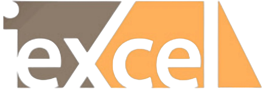 Excel logo with white letters on gray and orange geometric background