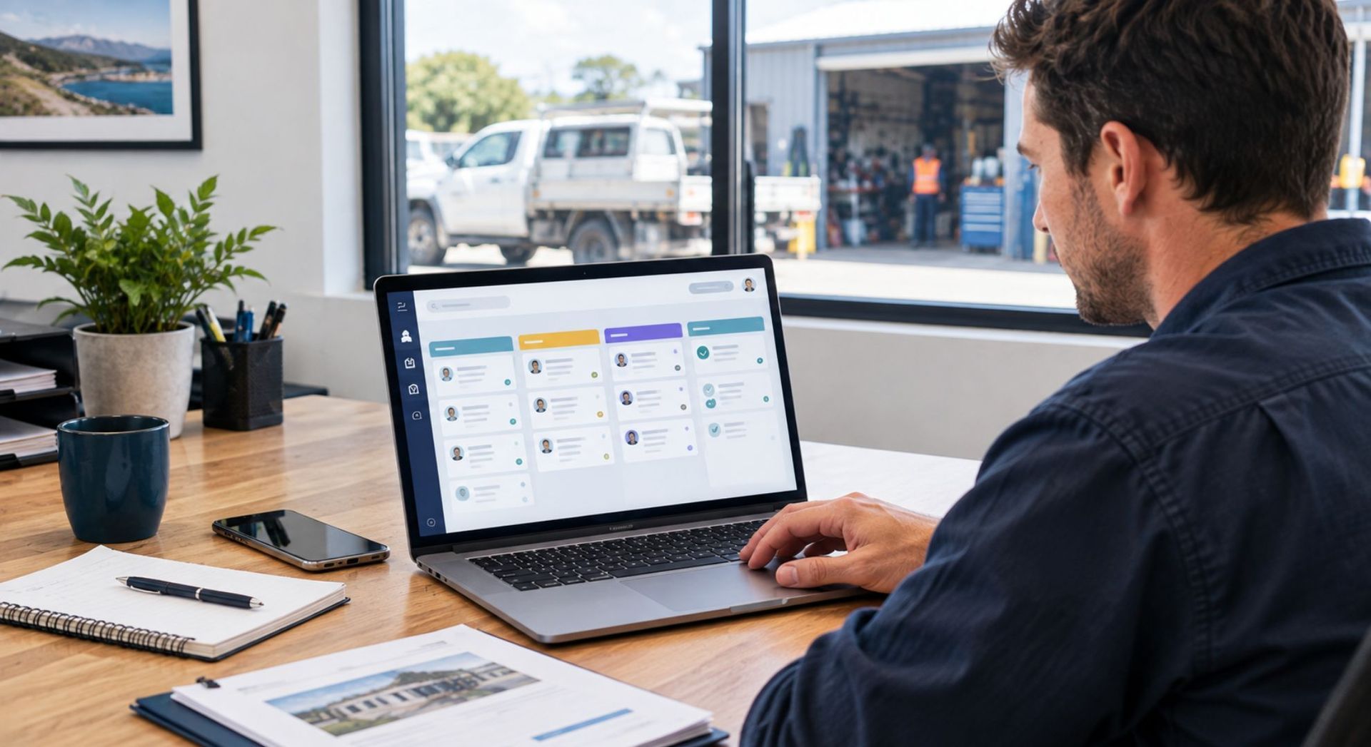 Trade business manager reviewing an organised CRM pipeline on a laptop in a modern workshop office, with customer records arranged by status.