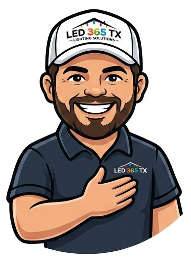Smiling cartoon technician in navy polo and white cap with LED 365 TX logo, hand over chest