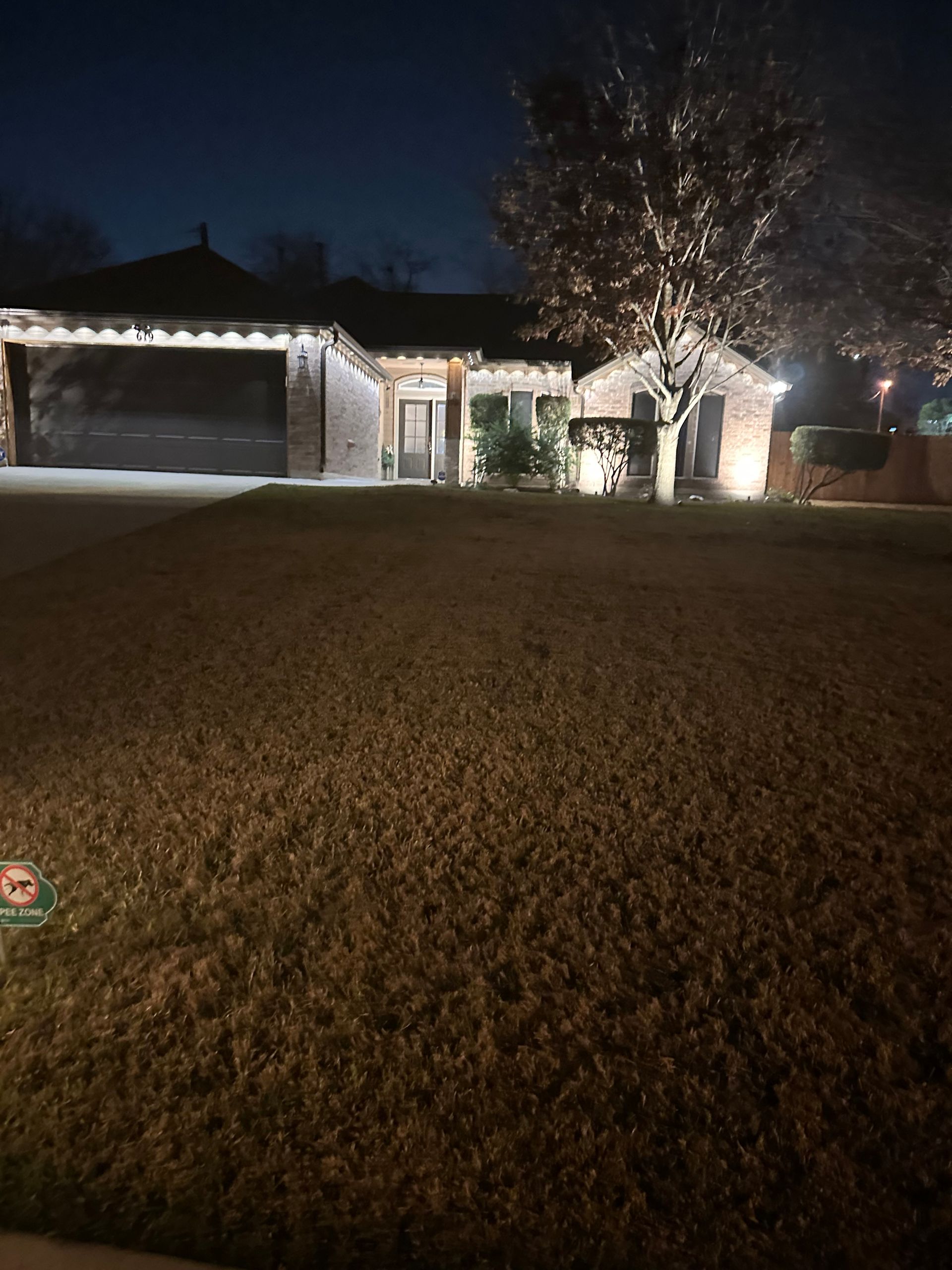 Suburban house at night with lit porch, garage, and a tree in front yard
