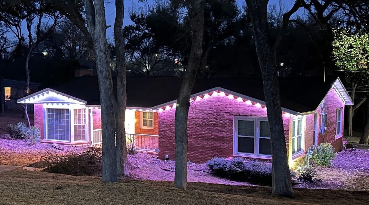 Small house lit with pink and purple lights among tall trees at dusk