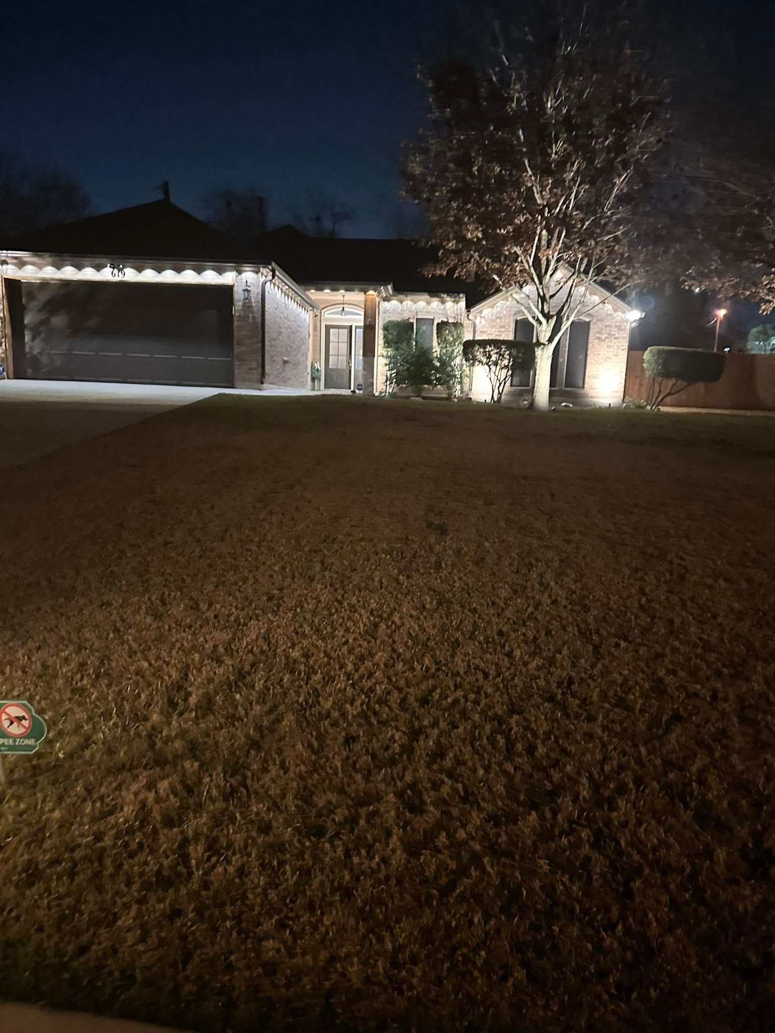 House at night with lit garage and tree wrapped in white lights, viewed across a dark lawn.