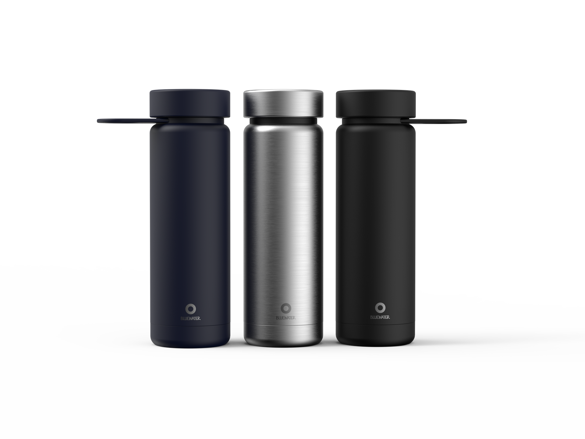 Three stainless steel water bottles are sitting next to each other on a white background.
