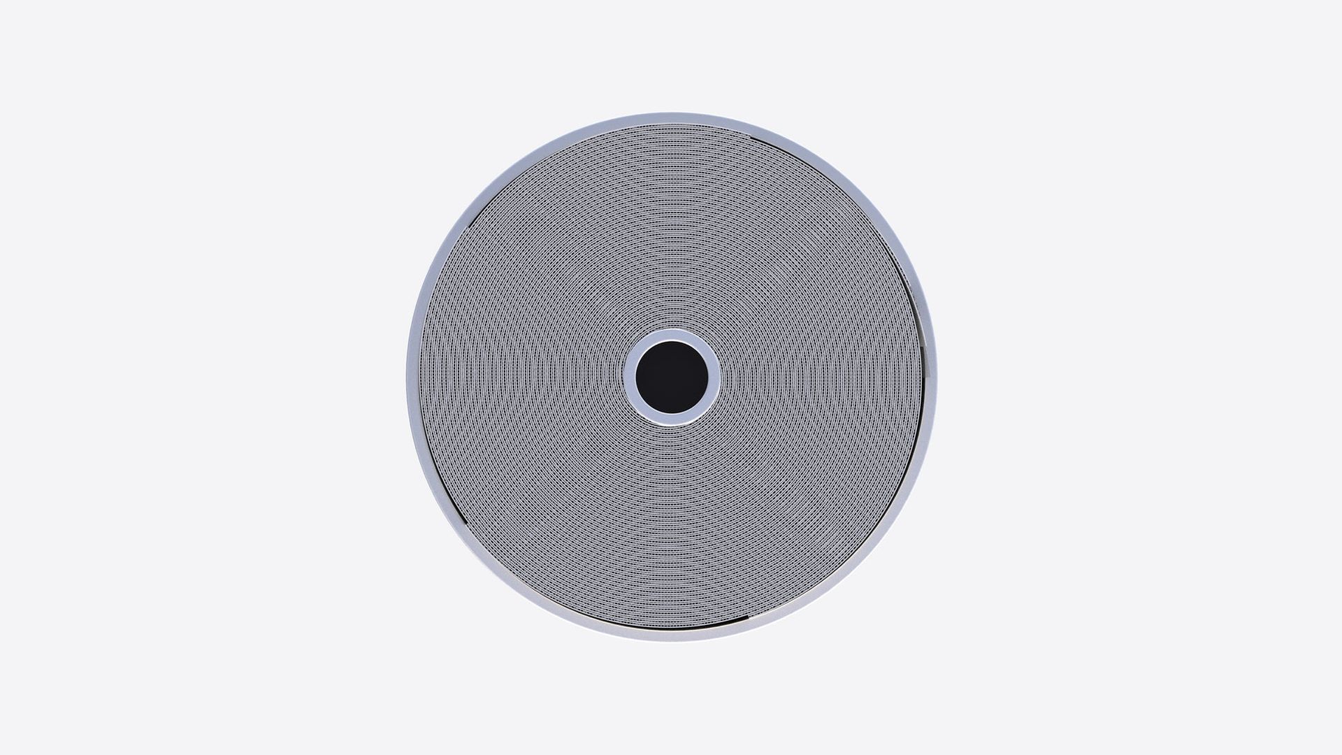 A cd with a black hole in the middle on a white background.