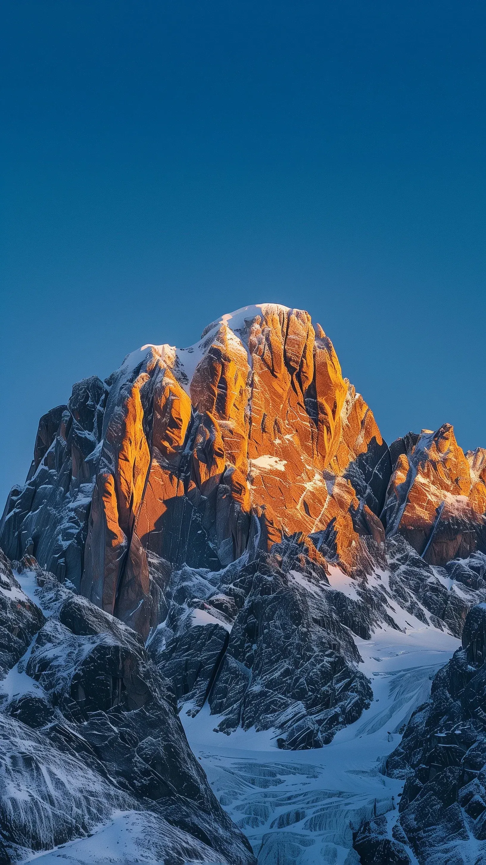 A mountain covered in snow and rocks with a blue sky in the background.