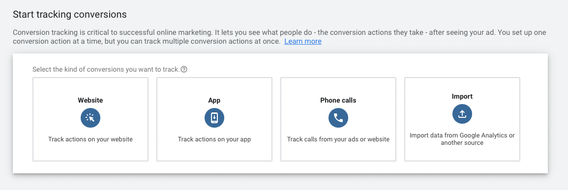 set up google ads conversion type