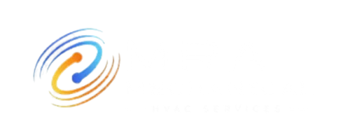 Hexagon logo with mountains, trees, and campfire in orange and blue. Company name is white.