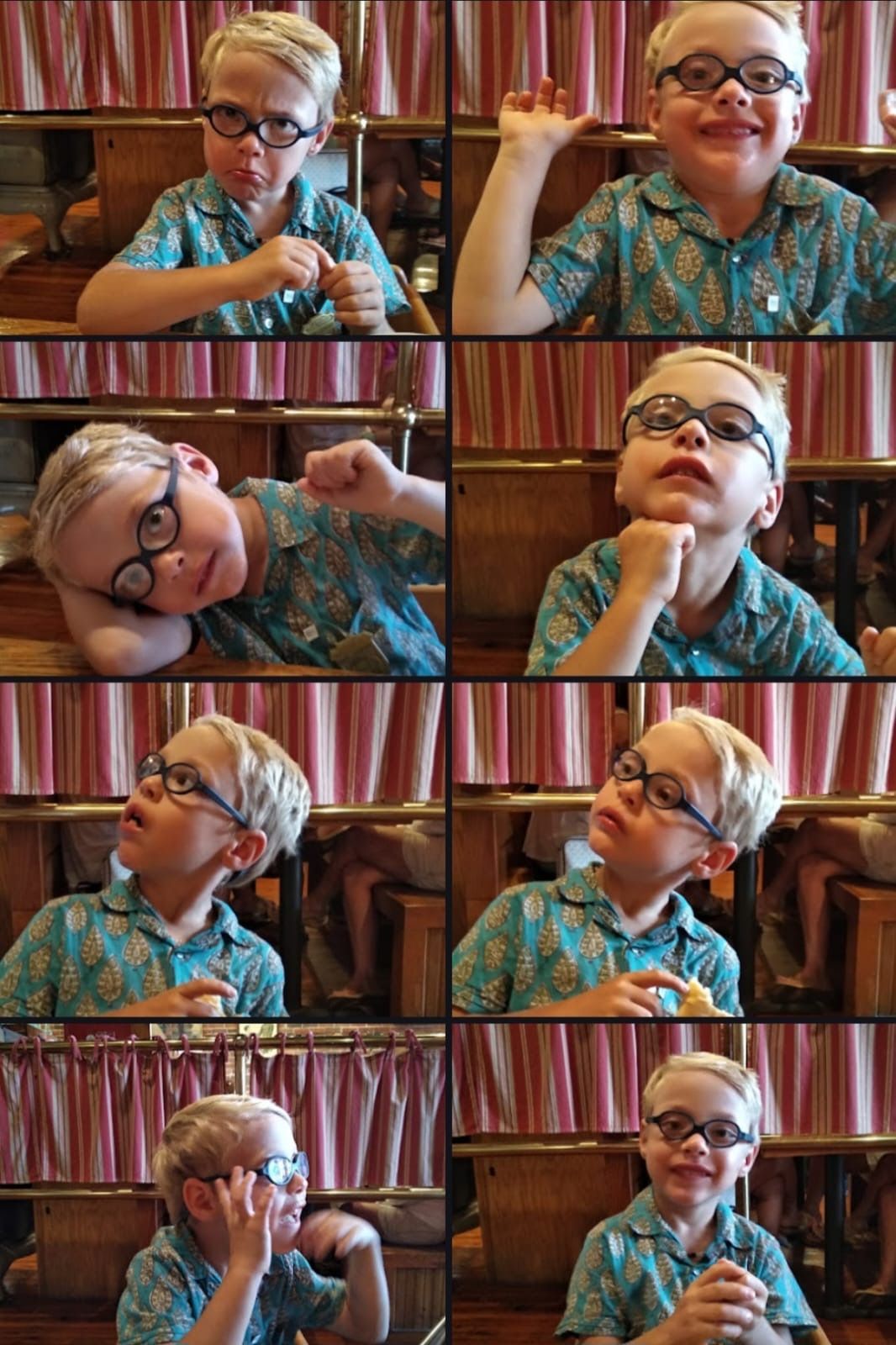 Collage of a child with glasses posing playfully in a booth with striped curtains and a wooden table