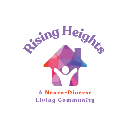 Logo: "Rising Heights" with a house shape containing a person and the text "A Neuro-Diverse Living Community".