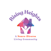 Logo: "Rising Heights" with a house shape containing a person and the text "A Neuro-Diverse Living Community".