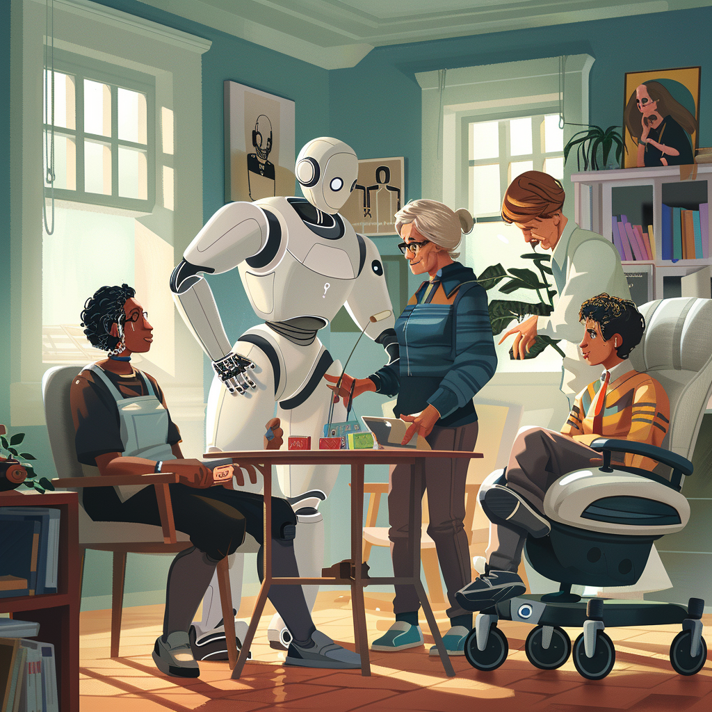 A group of people are sitting around a table with a robot standing next to them.