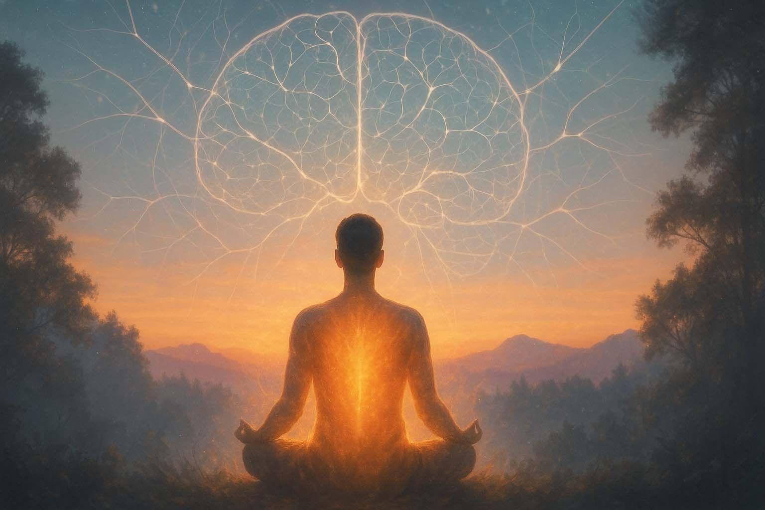 A person meditating at sunrise, surrounded by a glowing aura (symbolising transformation)