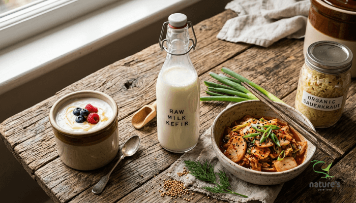 A selection of probiotic-rich fermented foods, including kefir in a glass bottle, kimchi in a ceramic bowl, sauerkraut, and live yoghurt on a rustic wooden surface