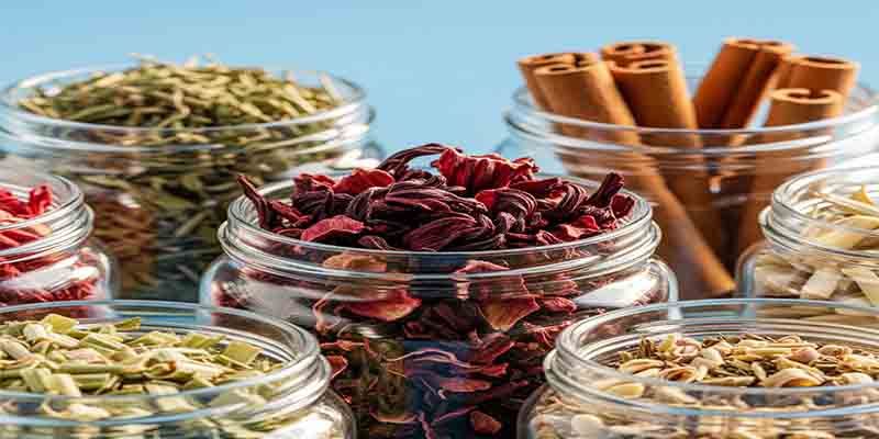 A close-up of various vibrant dried herbs, including red hibiscus and green lemongrass, displayed in clear glass jars.