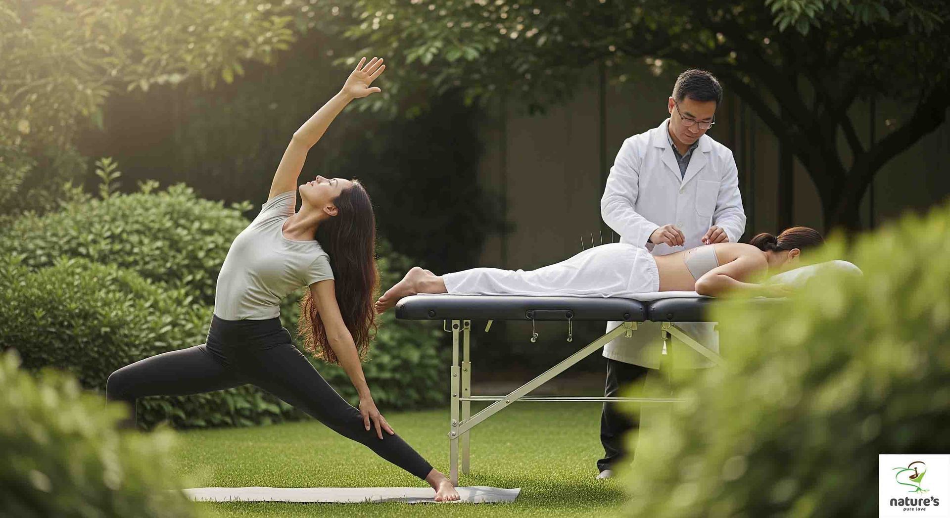 A person doing a yoga pose and another person receiving acupuncture treatment in a serene environment.