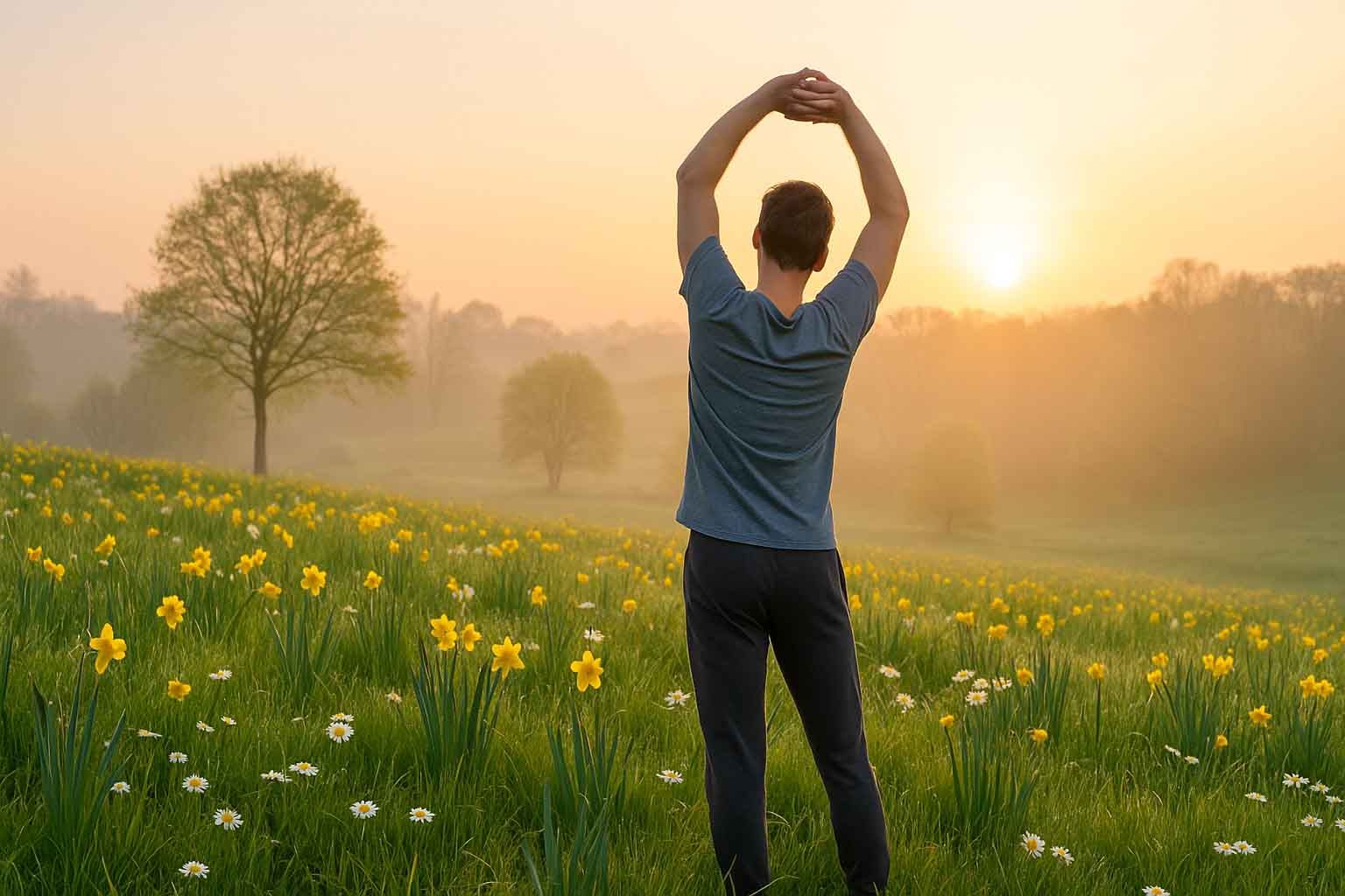 Spring morning wellness routine in nature with flowers and sunlight – symbolic of natural detox and renewal