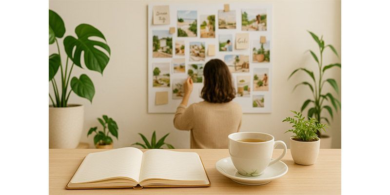 inspirational vision board with affirmations, wellness images, and goals symbolising NLP future pacing and self-care success.
