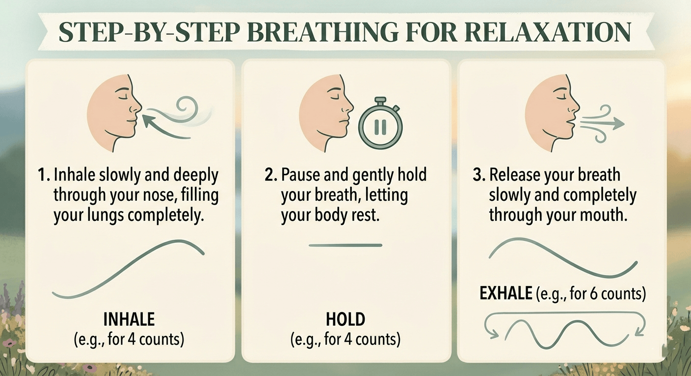 Step-by-step guide showing a simple breathing technique with inhale, hold, and exhale phases for relaxation