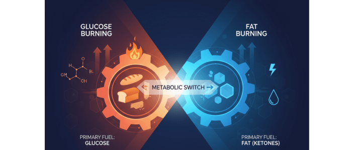 Conceptual illustration of the metabolic switch from glucose burning to fat burning, representing the core science behind intermittent fasting.