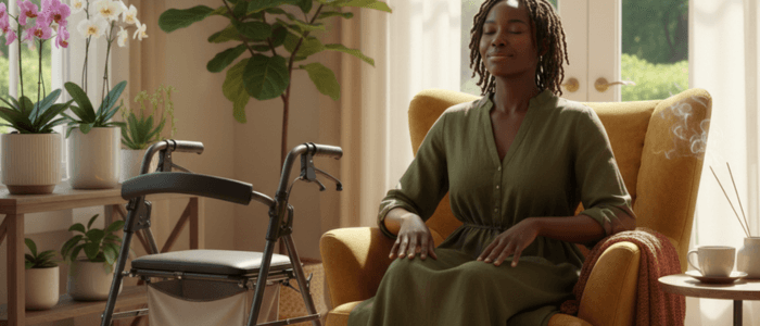 An individual with mobility aids practising mindful breathing in a calm setting