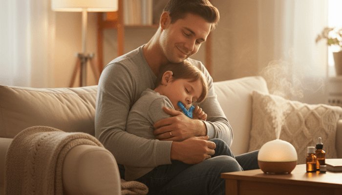 Parent embracing child with special needs during peaceful self-care moment at home, showing love, balance and emotional wellness through holistic living.