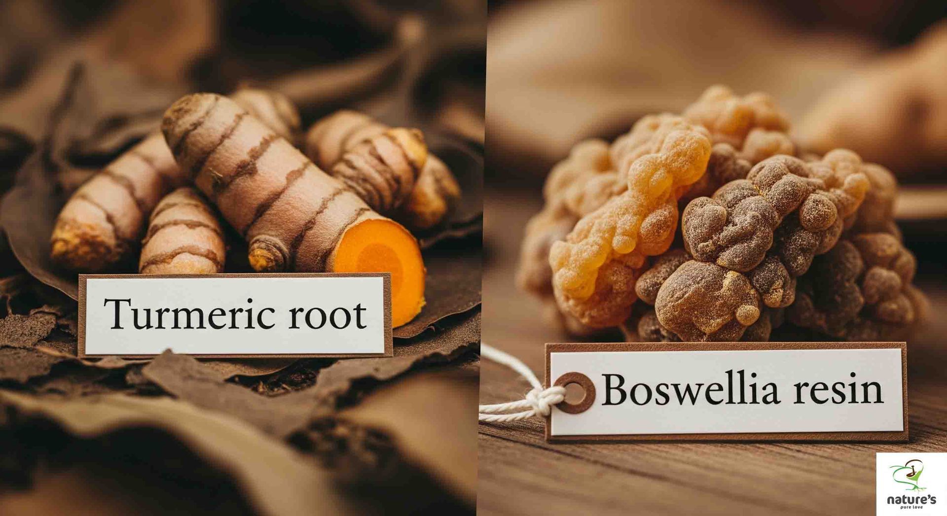 Turmeric root and Boswellia resin, clearly labelled, in a natural, earthy setting.