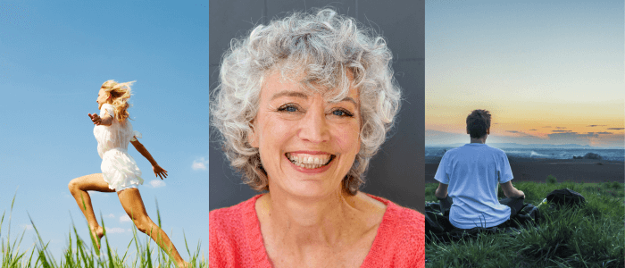 a person running (physical health), a person smiling while working (mental clarity), and a person doing yoga peacefully 