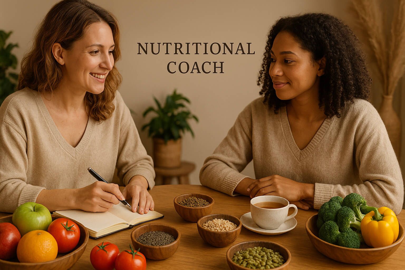 A nutritional coach and client sharing a holistic consultation surrounded by nourishing whole foods in a calm, nature-inspired setting.