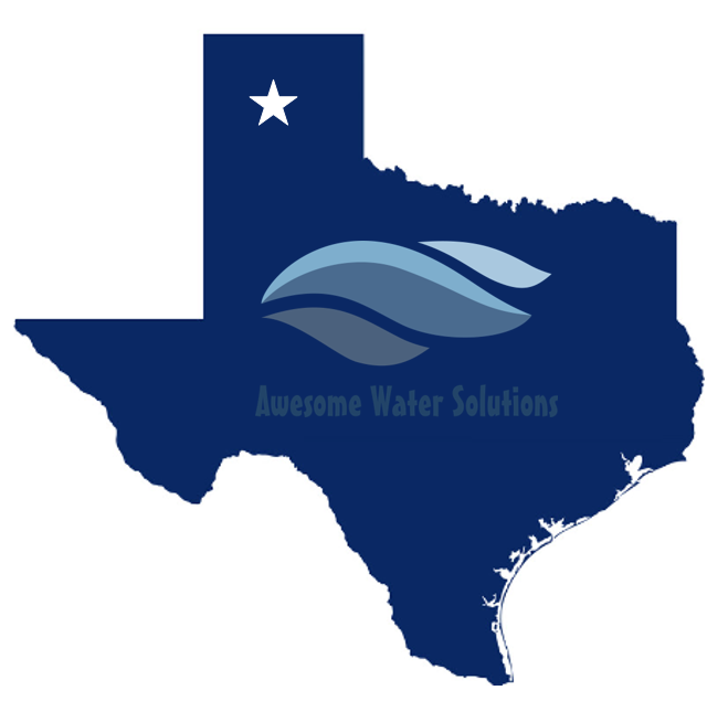 Dark blue Texas silhouette logo with a white star and “Awesome Water Solutions” text