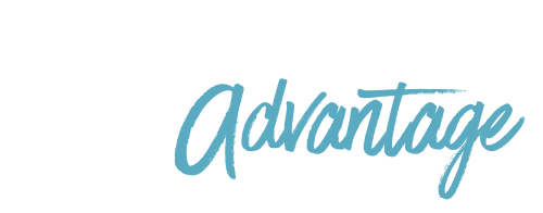 The word advantage is written in blue on a white background.