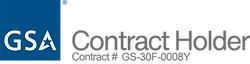 A blue and white logo for gsa contract holder