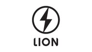 A black and white logo for lion with a lightning bolt in a circle.