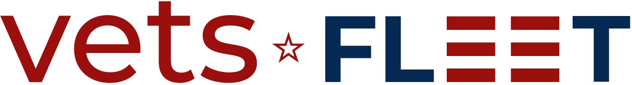 A red white and blue logo for vets fleet
